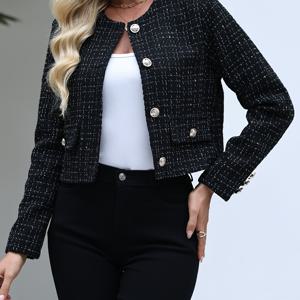 TEMU 패션 여성용 블랙 트위드 파일럿 자켓, 라운드넥 긴소매, 골드 버튼 디테일, 크롭, 논스트레치 디자인, 봄 데일리웨어, 오피스 아웃핏