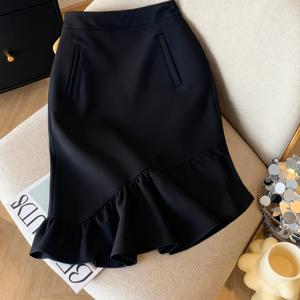 TEMU 검정색 우아한 캐주얼 단색 미디 스커트, 포켓 장식, 신축성 있는 하이웨이스트 인어 래플 디자인, 우아한 오피스룩 또는 발렌타인데이 데이트/나이트클럽 파티에 적합