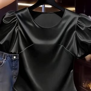 TEMU 서클 서클 여성용 우아한 패션 디자인 야광 블랙 버블 슬리브 광택 숏 탑 - 데일리 캐주얼, 출퇴근, 오피스, 데이트, 파티, 정장 행사용