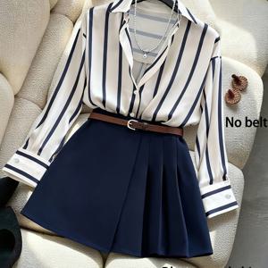 TEMU 우아한 여성 투피스 의상, 봄 신상 셔츠와 비대칭 플리츠 스커트 포함 (벨트 미포함)