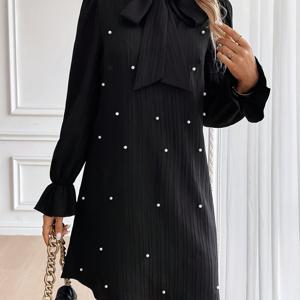 TEMU 여성용 우아한 드레스. 리본 타이와 장식 비즈, 러플 플레어 커프스가 있는 긴 소매, 루즈핏이 특징입니다.