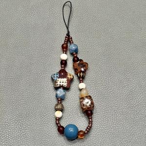 TEMU 레트로 패션 앰버 프린트 스타 여성용 비즈 폰참 스트랩 손목걸이 장식 폰케이스 키체인 카메라 분실방지 랜야드