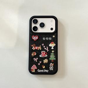 TEMU 폰 케이스: 패션 캐주얼 블랙 트윌 데님 자수 커피컵 강아지 케이크 버섯 고품질 풀커버 폰 케이스, 17 Pro/16/15 Pro Max/14/13 호환