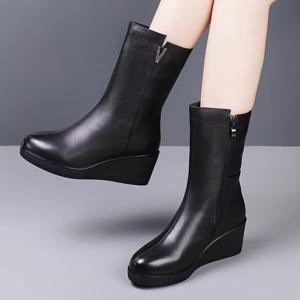 TEMU 새로운 두꺼운 밑창 스타일. 여성용 기모 안감 따뜻한 숏 부츠, 웨지 힐 디자인. 2025년 가을/겨울. 중년 및 노년 여성용 빈티지 패션 부츠, 여성 신발