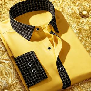 TEMU 남성용 체크무늬 컬러 블록 레귤러 비즈니스 포멀 롱 싱글 브레스트 셔츠, 실버 엣지 버튼