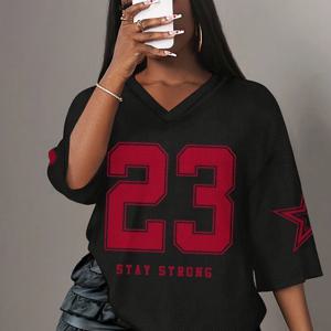 TEMU 여성용 V넥 티셔츠 - 쿨 웨스턴 스타일 레터 & 넘버 프린트, 메쉬 소재, 루즈핏, 편안하고 패셔너블한 캐주얼 & 스포티한 반소매 탑