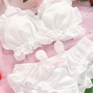 TEMU 토끼 귀와 리본이 달린 브라 및 팬티 세트, 귀여운 란제리, 얇은 스타일, LOLITA 스타일, 일본 스타일, 브라, 와이어 프리, 부드럽고 편안함, 사각컵 브라, 모든 계절에 적합