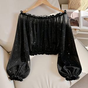 TEMU 여성용 신상 봄 패션 스팽글 원숄더 오프숄더 랜턴 슬리브 캐주얼 크롭 탑