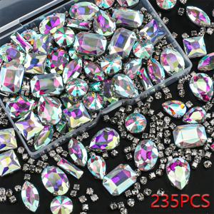 TEMU 235개 멀티 사이즈 혼합 모양 은색 클로 손바느질용 라인석 세트, 투명 유리, 내구성 있는 유리 구슬, DIY 의류, 가방, 신발, 이브닝 가운 장식용