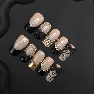 TEMU 100% 핸드메이드 사각형 블랙 네일팁, 얼음 같은 투명 마감과 입체적인 리본, 핫 프레스온 네일 및 부착 도구 포함