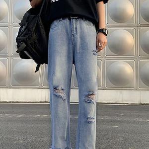 TEMU 남성 여름 찢어진 청바지 9부 와이드 일자 팬츠 블루 모던 컴포트 데님 팬츠 면 혼방 빅 사이즈