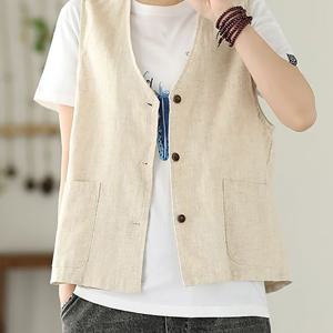 TEMU 여성 여름 얇은 면마 빈티지 캐주얼 민소매 솔리드 카디건 포켓 조끼 패션 통근 야상 베스트 나시 코트 슬림소녀 SLIM GIRL