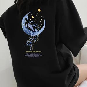 TEMU 여성용 Y2K 슬림핏 반팔 티셔츠 - 블랙 만화 고래 & 별이 빛나는 밤 그래픽 프린트, 롱라인 라운드넥 탑, 봄 여름 가을 캐주얼 착용용 중간 신축성 통기성 원단, 계절 패션, 모던 에스테틱, 편안한 핏