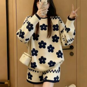 TEMU 여름/가을용 게으른 스타일 아프리코트 니트 여성용 세트, 플라워 탑과 바지 풀세트, 투피스 세트