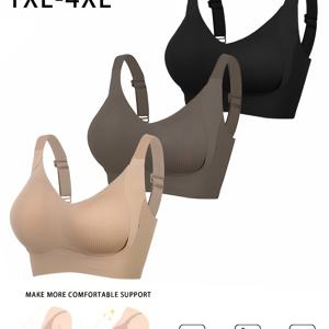 TEMU 여성용 풀 커버리지 조절 가능 접착식 빅 사이즈 브라 3팩, 통기성 솔리드 컬러 플러스 사이즈 란제리, 무선 브라