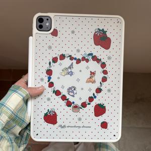 TEMU 화이트 엣지 레드 폴카 도트 딸기 토끼 싱글 베이스 플랫 태블릿 케이스, 애플용 아이패드 2025 모델 에어 6 호환, 펜슬 슬롯 없음, 케이스 5, 2022 10세대 9, 큐트 8, 카툰 10.2 태블릿, 프로 11, 투명 아크릴 에어 4, 풀커버 휘어짐 방지 케이스