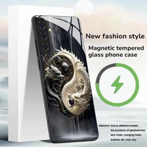 TEMU 패셔너블 하이엔드 τα이지 쌍룡 패턴 매칭 마그네틱 강화유리 휴대폰 케이스, 삼성 갤럭시 노트20/S20/S21/S22/S23/S24/S25/S26 플러스 울트라 FE용, 트렌디한 고품질 보호 쉘 선물
