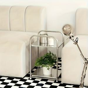 TEMU 수납 공간이 있는 모던 스테인리스 스틸 사이드 테이블, 은색 협탁, 가정용 수납 선반, 조립 불필요, 높이 27인치 미만, 공간 절약형 디자인, 전기 필요 없음, 소파 및 주방에 적합, 실용적인 선반