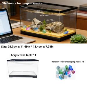 TEMU 소형 직사각형 수조 세트 - 블랙 프레임 비전기 아크릴 어항, 거북이, 새우, 금붕어, 게, 개구리 및 조류용 - 장식용 돌 포함, 조립형 홈 생태계 수조