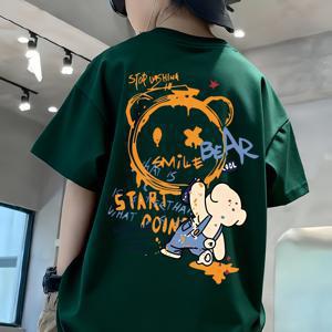 TEMU 트렌디한 아동복 남아용 중대형 다용도 니치 다크 그린 반팔 티셔츠