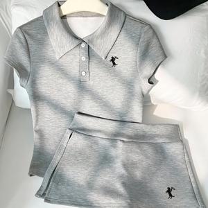 TEMU 여성용 자수 상의와 캐주얼 반바지 스커트 세트