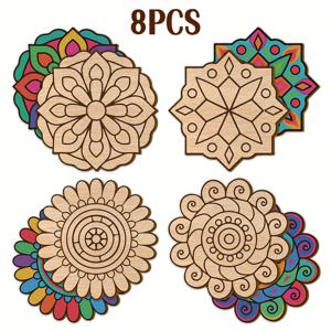 TEMU 2026 신상품 8개 대형 나무 만다라 세트 - 별, 꽃, 하트 모양 사전 재단 टेम플릿, 미술 용품, 장식 키트