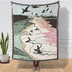 TEMU 자연 풍경 스타일 자카드 담요, 갈매기 패딩 디자인. 부드럽고 통기성 좋으며 보풀 없이 관리하기 쉬움. 침대 담요, 소파 커버, 테이블보, 홈 데코로 사용 가능. 소파, 헤드보드, 벽에 걸어 독특한 예술적 분위기 연출