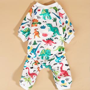 TEMU 사랑스러운 공룡 프린트 개 파자마 - 사계절용 애완동물 점프수트, 소형부터 대형견까지, 부드러운 폴리에스터 원단, 고양이 의류, 코스튬 파자마