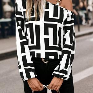 TEMU 오프숄더 롱 컬러블록 캐주얼 봄/가을 셔츠