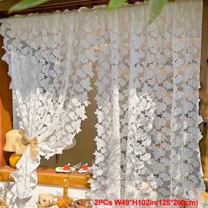 TEMU 2 패널 화이트 로맨틱 레이스 커튼 세트 프렌치 빈티지 보일 농가 스타일 홈 플라워 창문 커튼 거실, 침실, 주방, 발코니 현관 커튼용, 로드 포켓 탑 커피 커튼