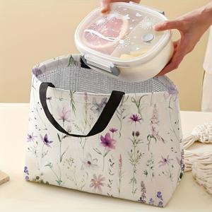 TEMU 세련된 플로럴 프린트 런치백, 여성용 단열, 남성용 도시락 용기, 재사용 가능, 사무실, 직장, 비식품 접촉, 양면 프린팅으로 해변 또는 여행에 적합한 누출 방지 토트백