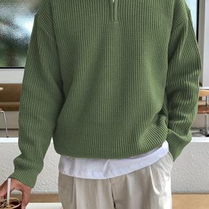 TEMU 남성 패션 V넥 지퍼 디자인 솔리드 컬러 스웨터 드롭 숄더 니트웨어 가을 겨울 캐주얼 루즈 스웨터