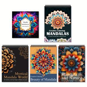 TEMU 성인 컬러링북 5권 세트 - 마인드풀 컬러링을 위한 만다라 디자인 | 사이즈: 11.2X8.2인치, 나선형 제본, 한쪽면에 인쇄된 페이지 | 성인용 아트 테라피 | 명상 컬러링북