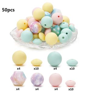 TEMU 다양한 모양의 원형 비즈, 팔각형 비즈, 산술기 비즈를 포함한 50개 묶음 실리콘 비즈 세트. 팔찌 및 목걸이 장식에 적합합니다.