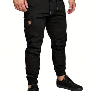 TEMU 남성 패치 디테일 플랩 포켓 드로스트링 허리 팬츠, 외출용 심플 롱 캐주얼 슬랙스 팬츠, 남편, 남자친구 선물용