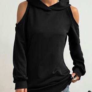 TEMU 세련된 단색 후드 오프숄더 캐주얼 여성용 스웨트셔츠