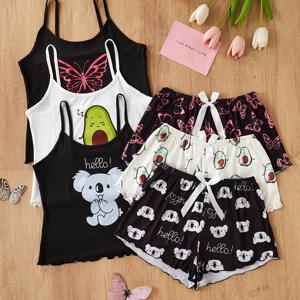 TEMU 3pcs 여성 탱크 탑 & 숏 파자마 세트 - , 나비, 코알라 만화 프린트 - 귀엽고 섹시한 캐미솔 잠옷 세트 - 여름 필수템