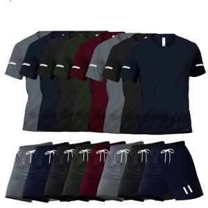 TEMU 8세트 16개 프린트 디자인 남성 캐주얼 스포츠웨어 콤비네이션 세트, 속건성 및 통기성 남성 반팔 라운드넥 티셔츠 및 포켓이 있는 탄성 허리 밴드 반바지, 봄에 적합