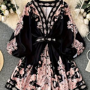 TEMU 캐주얼 원피스 여성 드레스, 봄 여름 프린트 롱 랜턴 슬리브 V넥 코르셋 슬림 버튼 플리츠 , V넥 빈티지 랜턴 슬리브 미니 드레스, 슬리브 벨트 미니 드레스