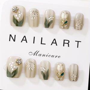 TEMU 아름답고 스타일리시한 향기 스타일, 프렌치 매니큐어, 10개/세트, 올리브 그린, 숏 트라페조이드, 패치 매니큐어, 웨어러블 네일 아트, 핸드메이드, 우아하고 넉넉한 디자인, 젤 폴리쉬, 글리터, 캣아이 효과, 메탈릭 광택