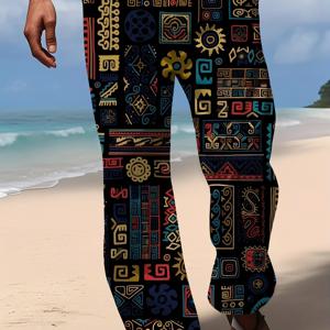 TEMU 남성용 여름 캐주얼 루즈핏 트라이벌 3D 디지털 프린트 팬츠 - 가벼운 통기성 원단, 아웃도어 휴가 & 레저 활동, 라운지 바지, 비치웨어, 에스닉 스타일 의류, 편안한 착용감, 내구성 있는 디자인, 여행복