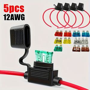 TEMU ATC/ATO 블레이드 퓨즈 호환용 12V 시스템용 인라인 퓨즈 홀더 5개 세트 - 10A, 15A, 20A, 25A, 30A, 40A 등 다양한 퓨즈 포함, 자동차 및 보트에 적합