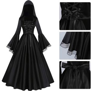 TEMU 중세 마녀를 영감받은 긴, 어두운 후드 드레스가 특징인 코스프레 의상. 가슴 스트랩, 허리 묶는 리본이 함께 제공되어 무대 공연에 적합합니다.