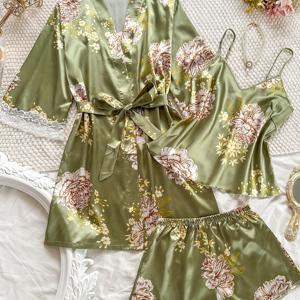 TEMU 3pcs 여성용 우아한 로맨틱 로브 세트 홈 로브 멜빵 반바지 사계절 잠옷