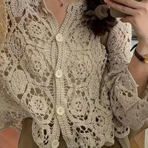 TEMU 플러스 사이즈, 스타일 캐주얼 레이스 오픈워크 플러스 사이즈 여성 커버업, 라운드넥 롱슬리브 싱글브레스트 가디건, 비치 휴가 여행 레저 아웃팅, 뮤직 페스티벌 섹시