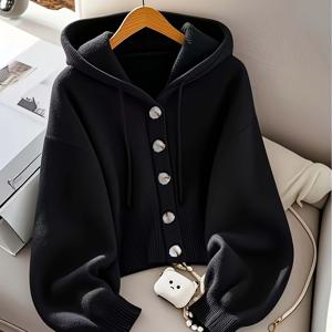 TEMU 여성 옐로우 오버사이즈 후드 가디건 스웨터 - 부드러운 버튼 프론트 릴렉스핏, 가슴 포켓, 포근한 가을 겨울 캐주얼 시크 레이어링, 여성 스웨터, 겨울 의류, 중간 탄성