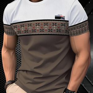 TEMU 남성용 레트로 컬러 블록 반팔 티셔츠 - 통기성 좋은 라운드 넥 캐주얼 탑, 가을/겨울용 글자 그래픽, 기계 세탁 가능 레귤러 핏 빈티지 티셔츠