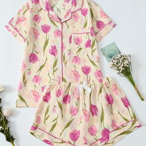 TEMU 여성용 파자마 세트, 튤립 프린트와 버블 주름 디자인이 특징인 반팔 및 반바지 세트