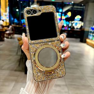 TEMU 휴대폰 케이스 - 화려한 블링 라인스톤 코팅 글리터 미러 마그네틱 폰 스탠드 케이스 (갤럭시 Z 플립 6 5 4 3 Zflip 7 5G 호환, 낙하 방지 보호 커버)