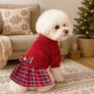 TEMU 소형견용 크리스마스 강아지 스웨터 드레스 - 보타이 터틀넥, 리시 홀 포함, 겨울용 따뜻한 니트 강아지 옷, 치와와, 요키, 하바네즈, 비숑용 레드